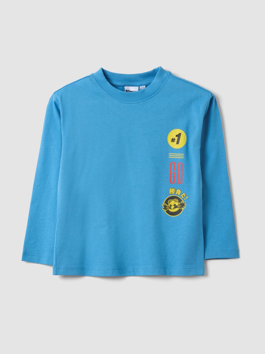 T-shirt azzurra in jersey di puro cotone con girocollo e stampa Sonic_0
