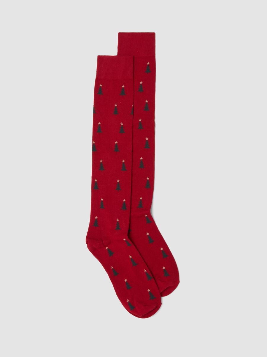 Calze lunghe rosse in cotone elasticizzato con fantasia natalizia_0
