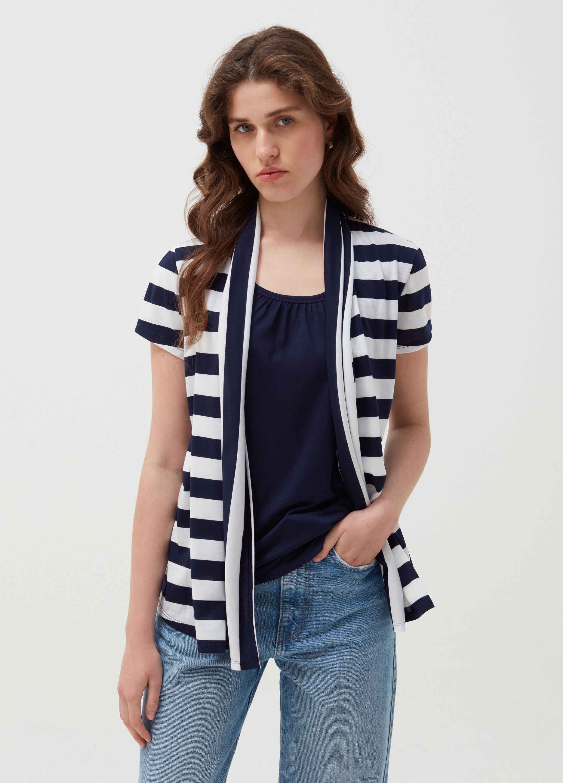 Striped open cardigan-style T-shirt