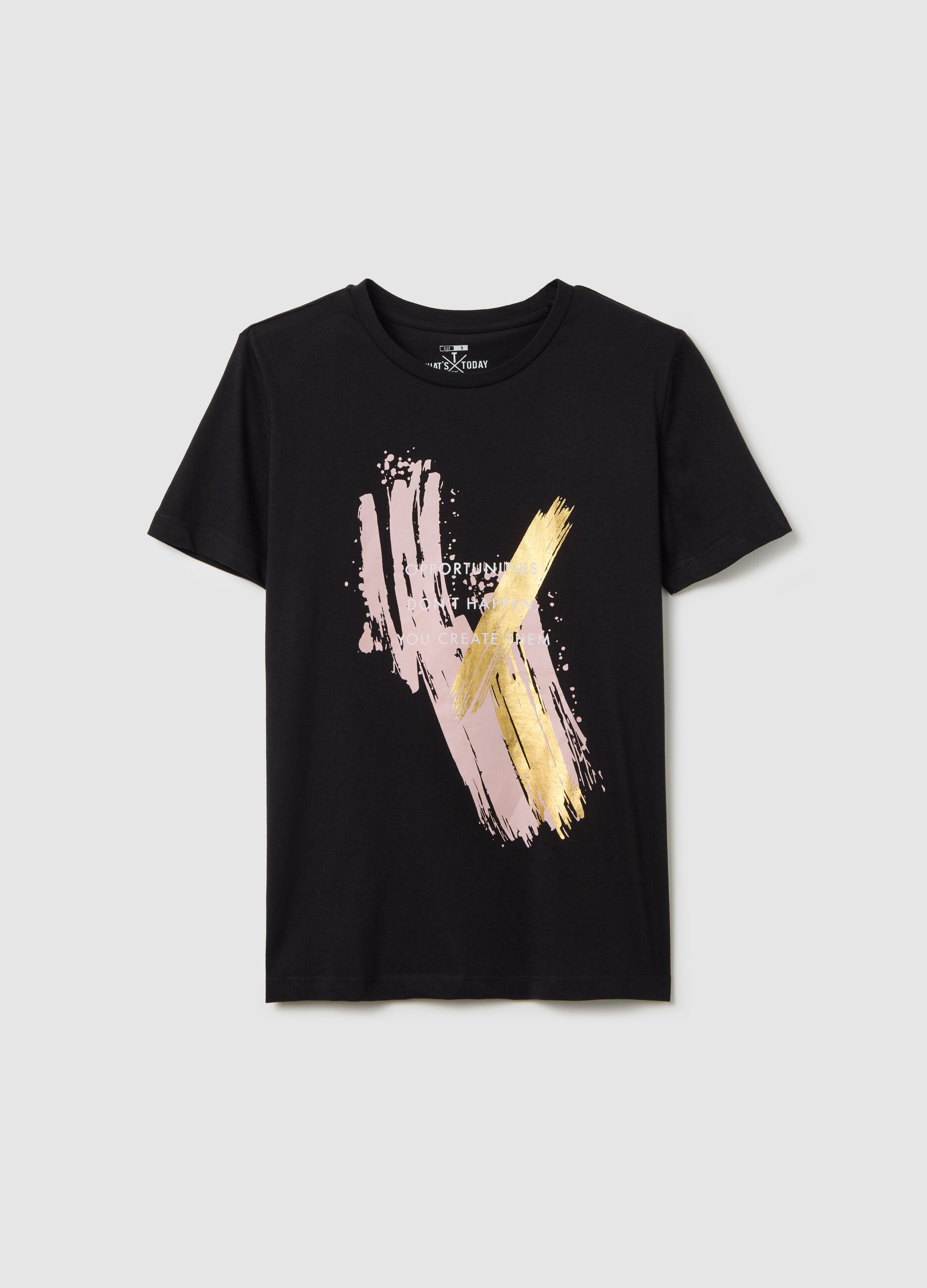 T-shirt nera in cotone con stampa in foil