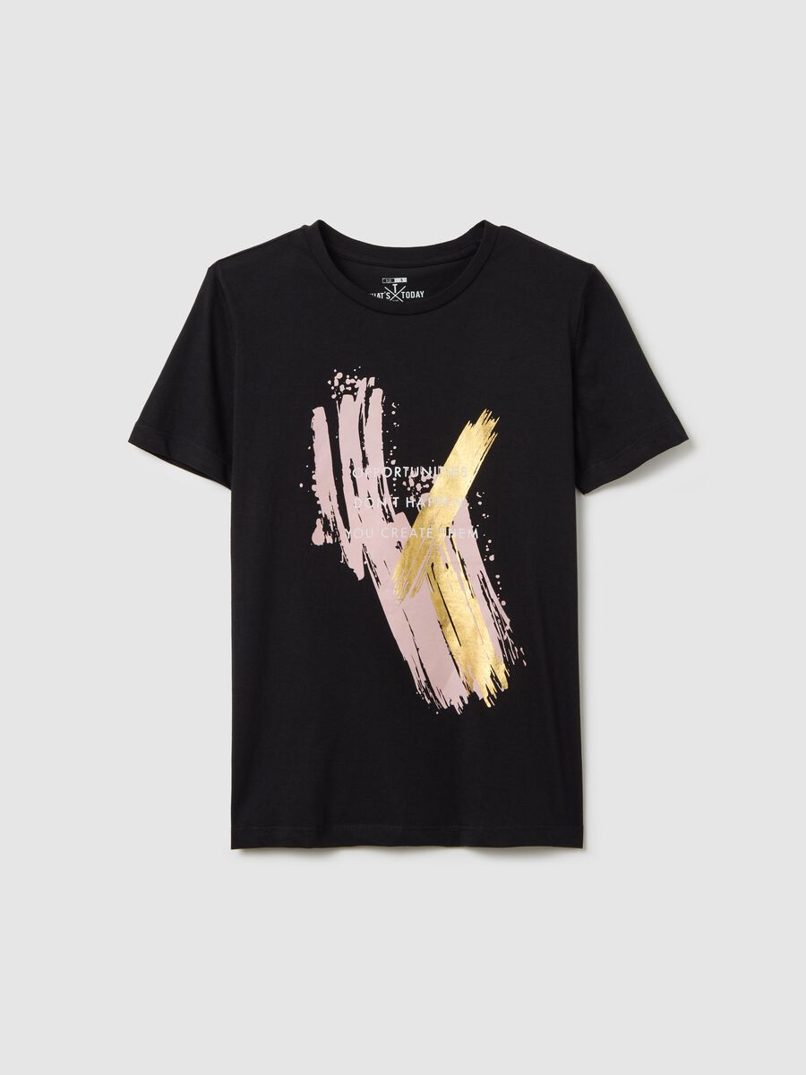 Black cotton T-shirt with foil print_4