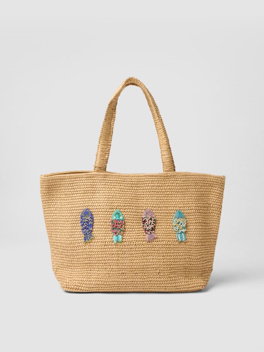 Borsa da spiaggia in misto cotone e tessuto carta beige con perline_0