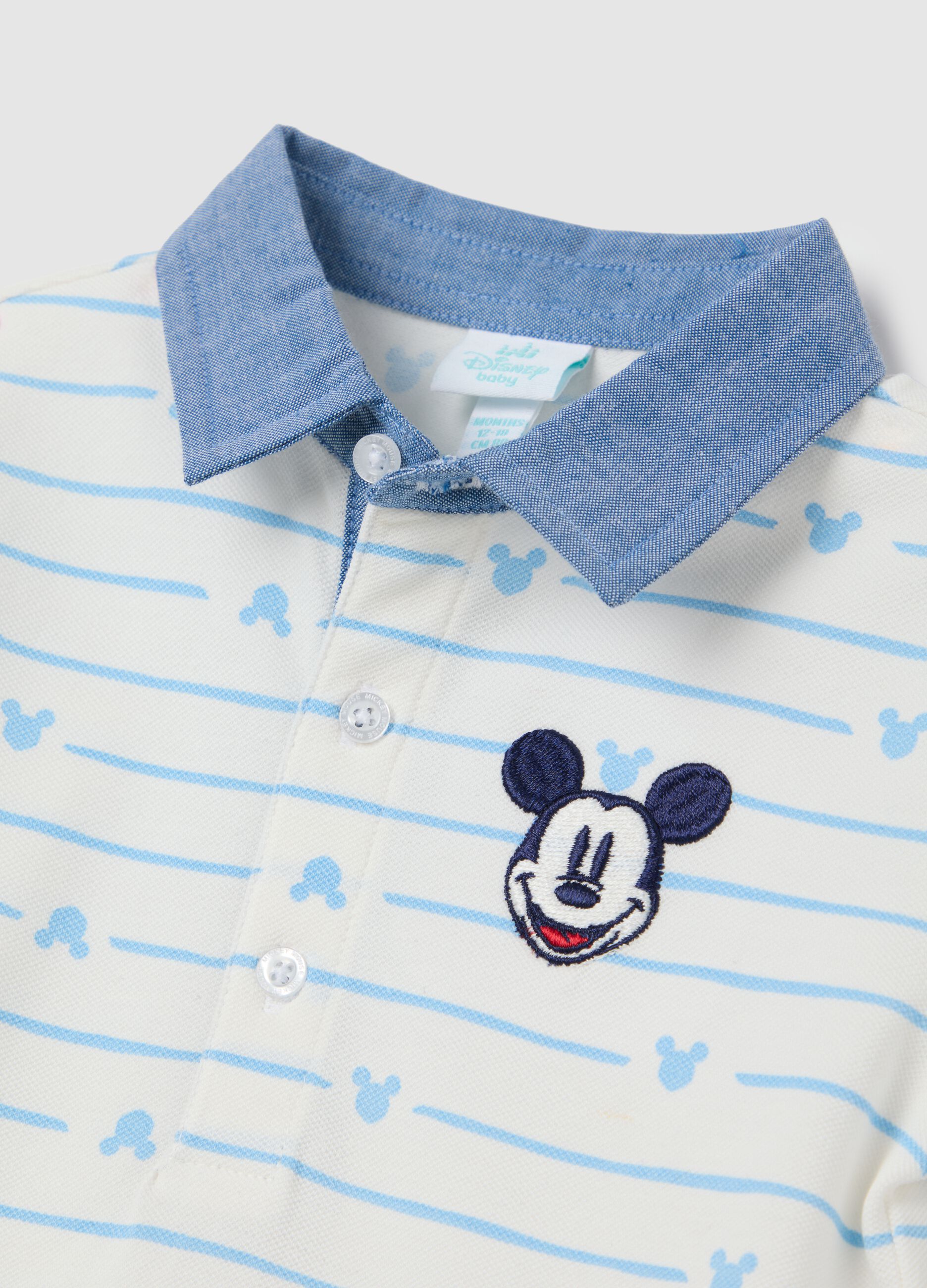 White and Light Blue Striped Polo Shirt with Mickey Mouse