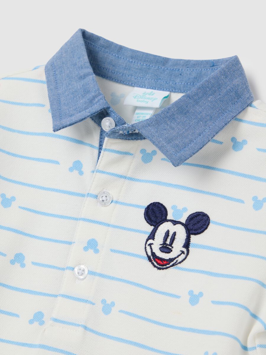 White and Light Blue Striped Polo Shirt with Mickey Mouse_2