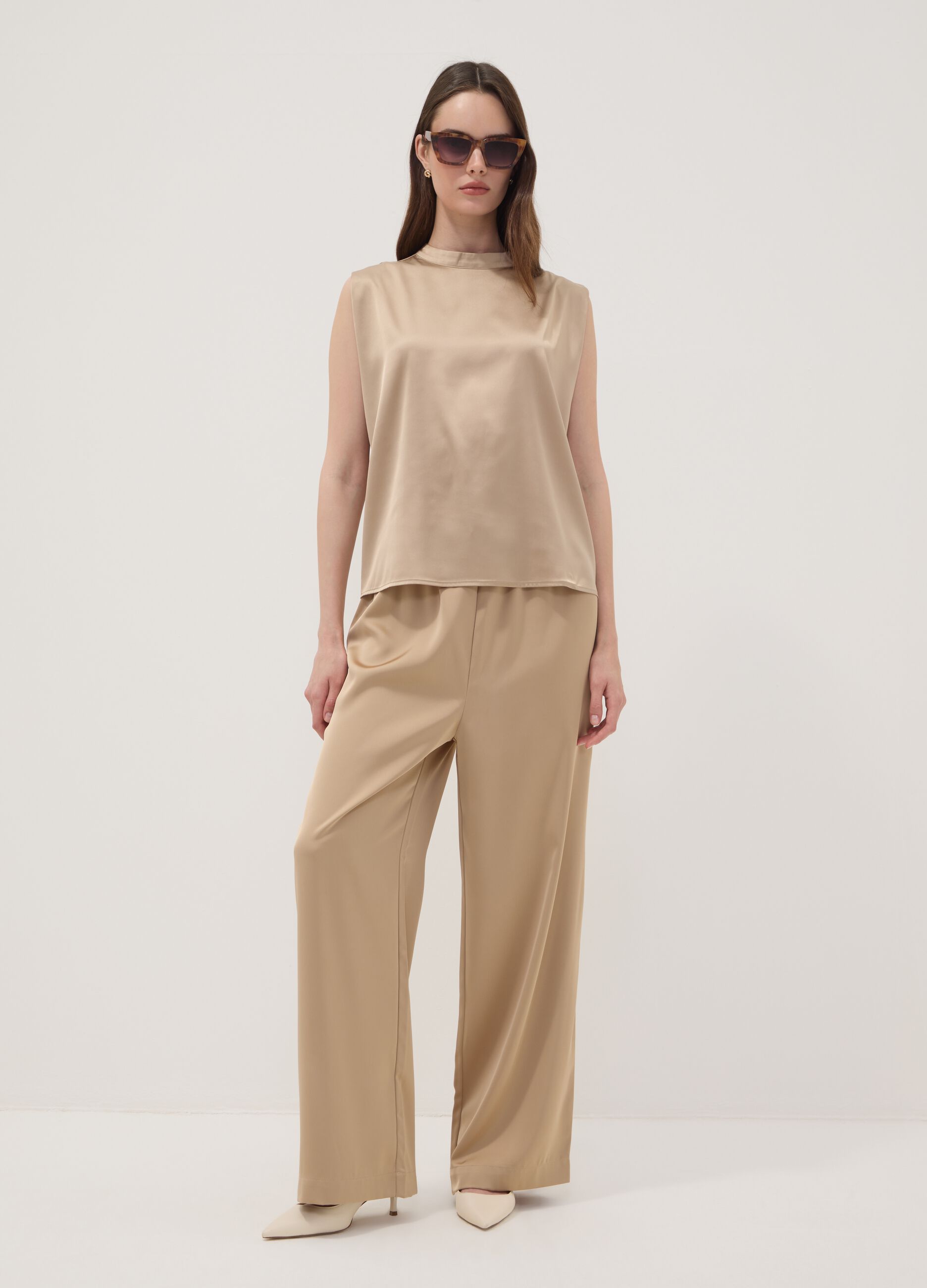 Beige stretch fabric high-neck top