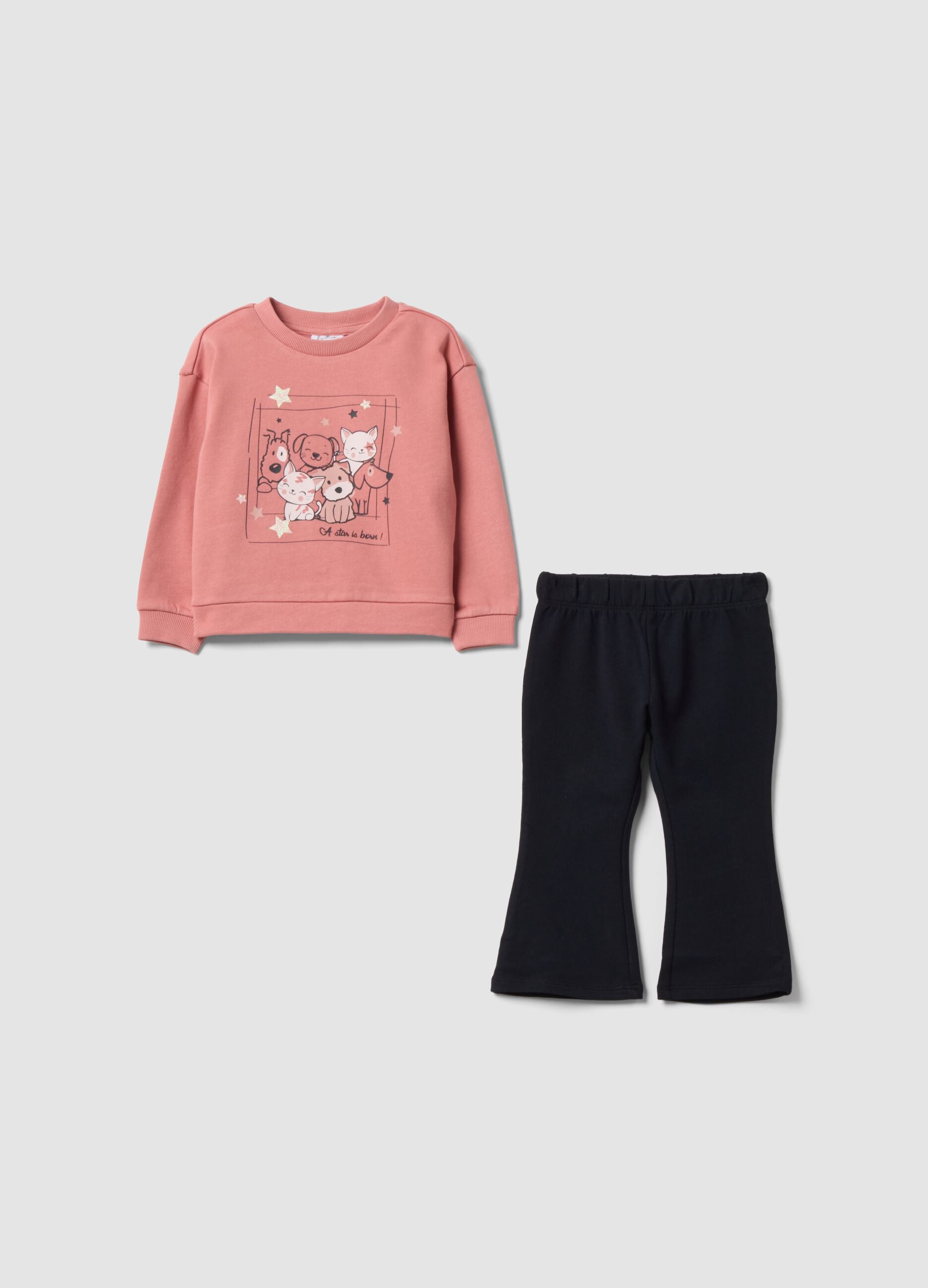 Multicolour pure cotton set with animal-print sweatshirt for baby girl