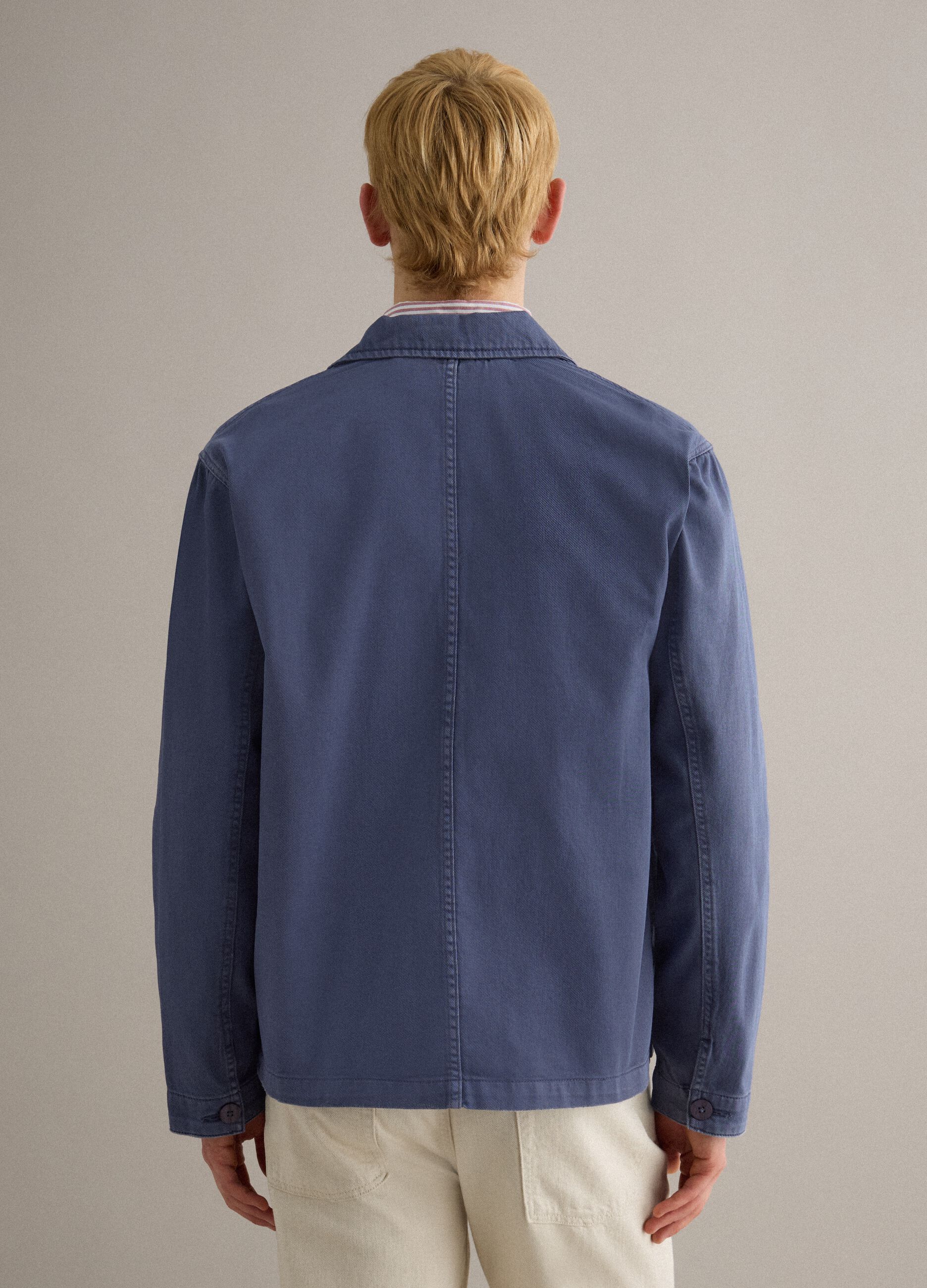 Regular fit blue stretch cotton jacket with collar and buttons