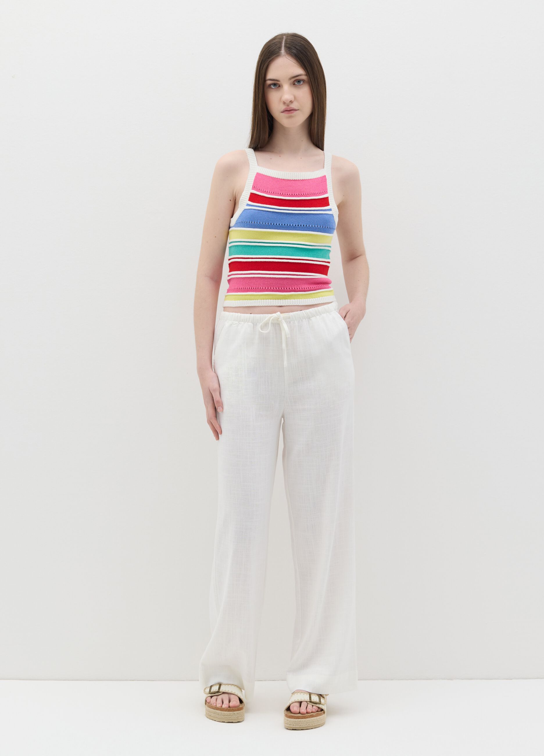 Crochet tank top with multicoloured stripes