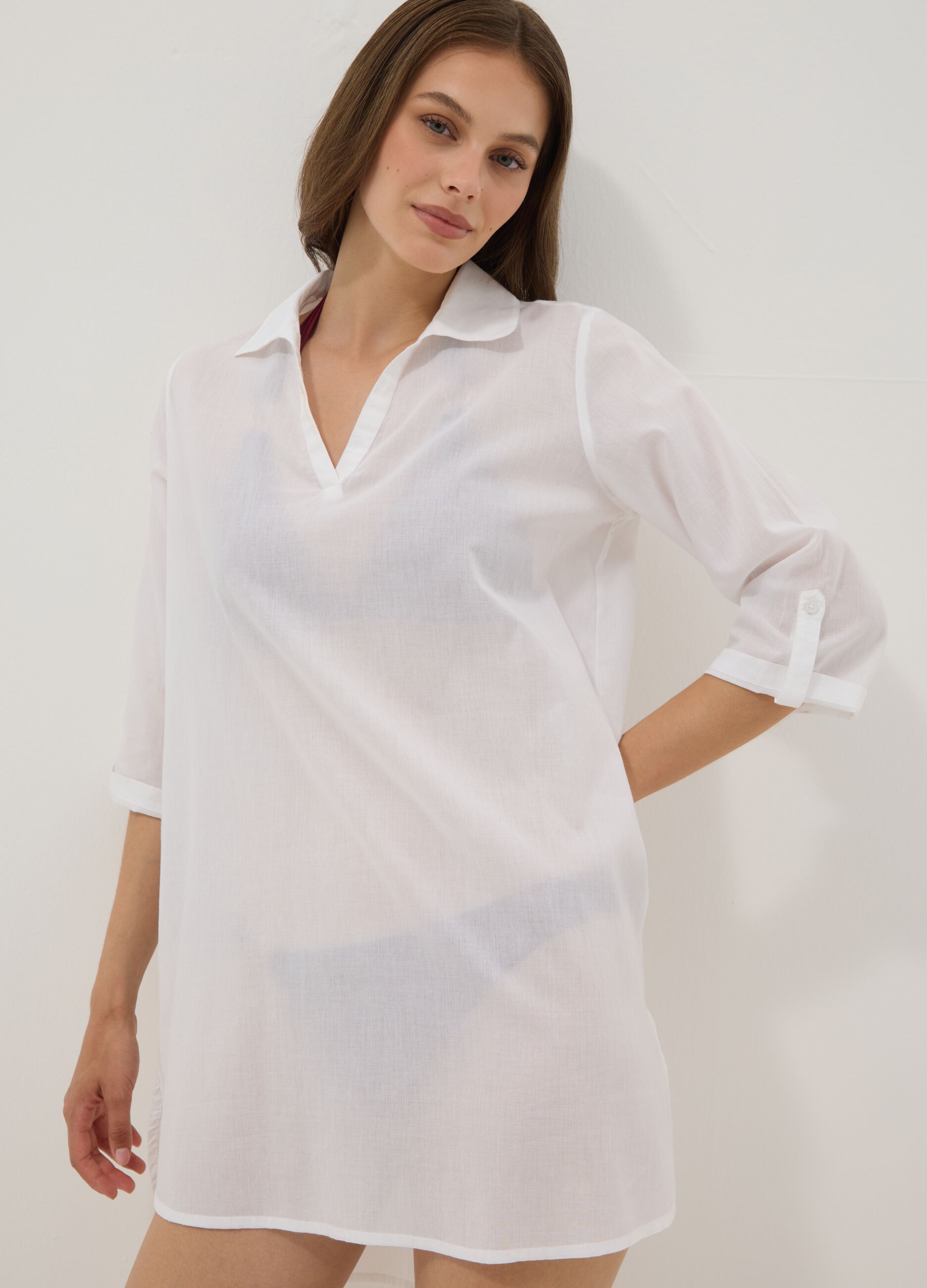 White pure organic cotton kaftan with V-neck