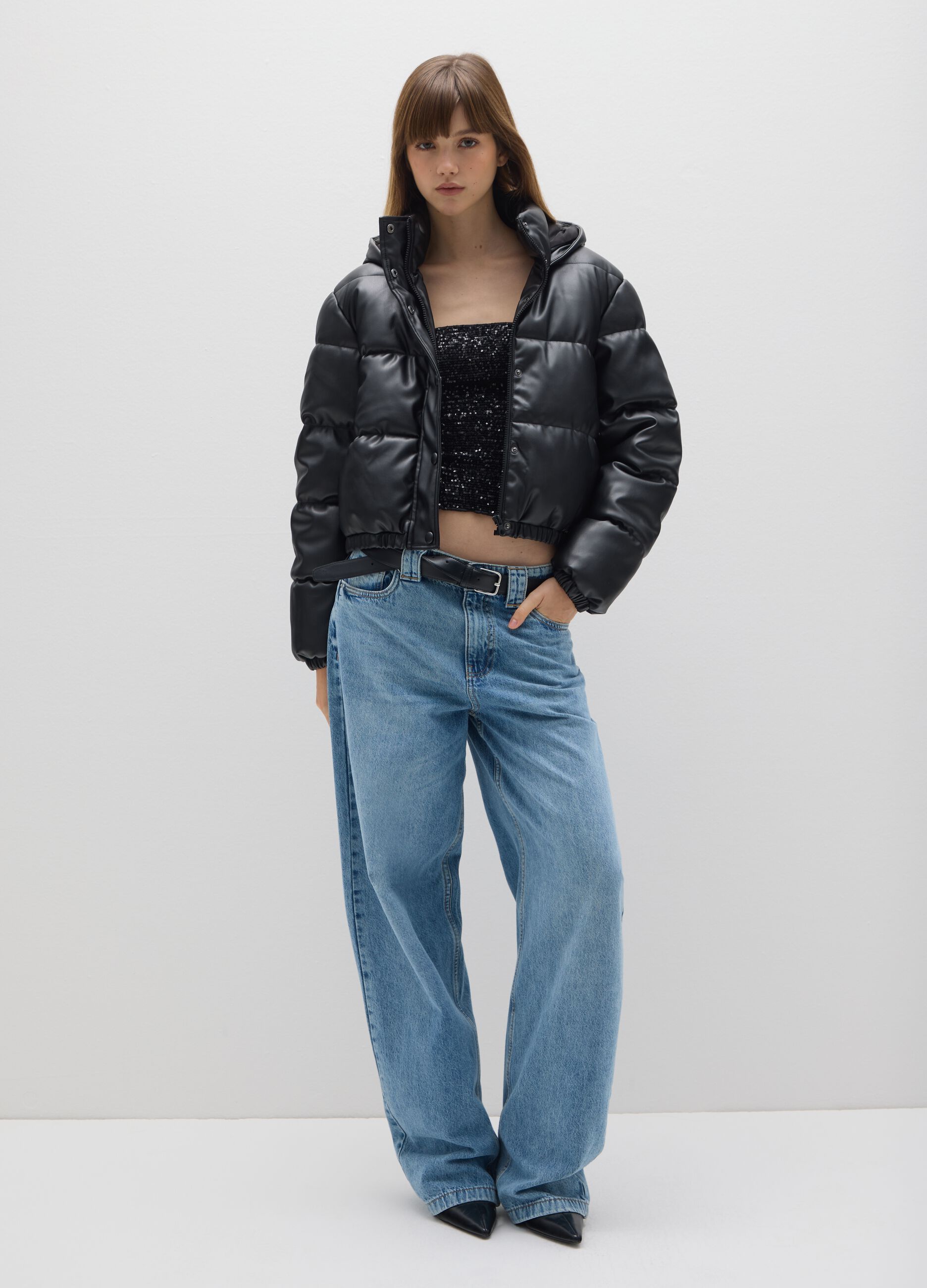 Black Oversize Padded Jacket with Zip
