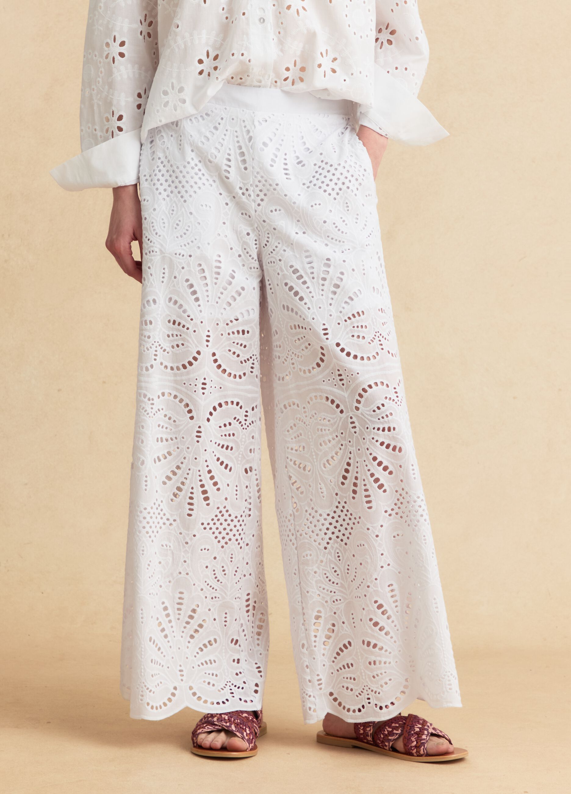 White pure cotton broderie anglaise palazzo trousers