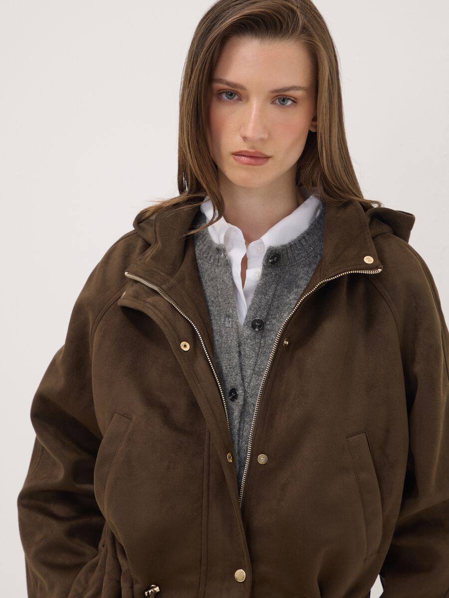 Brown parka with hood, zip and press-stud fastening_1