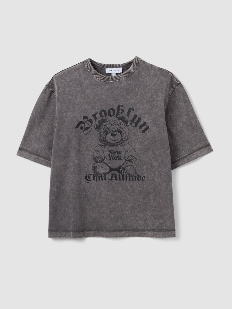 Grey pure cotton oversized T-shirt with teddy bear print_0