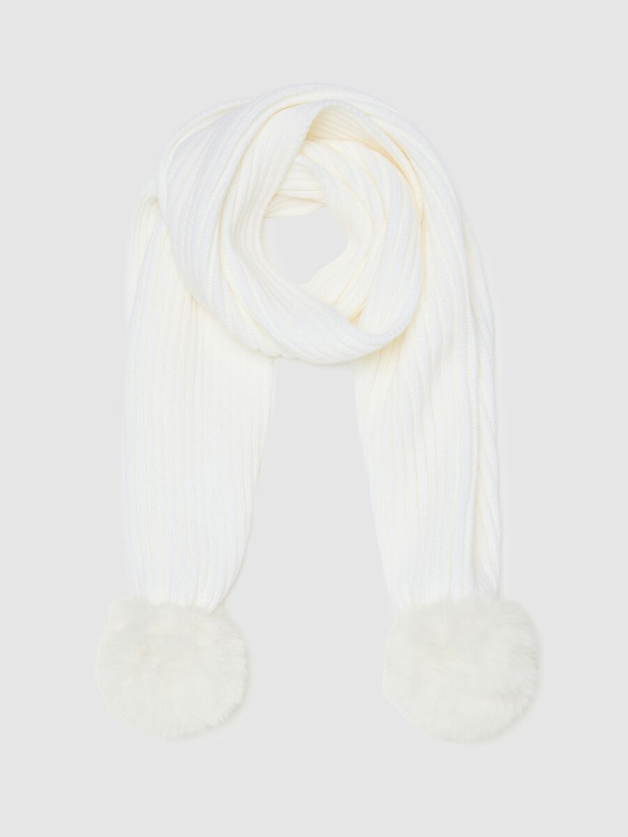 Sciarpa bianca a coste da bambina con pompon_1