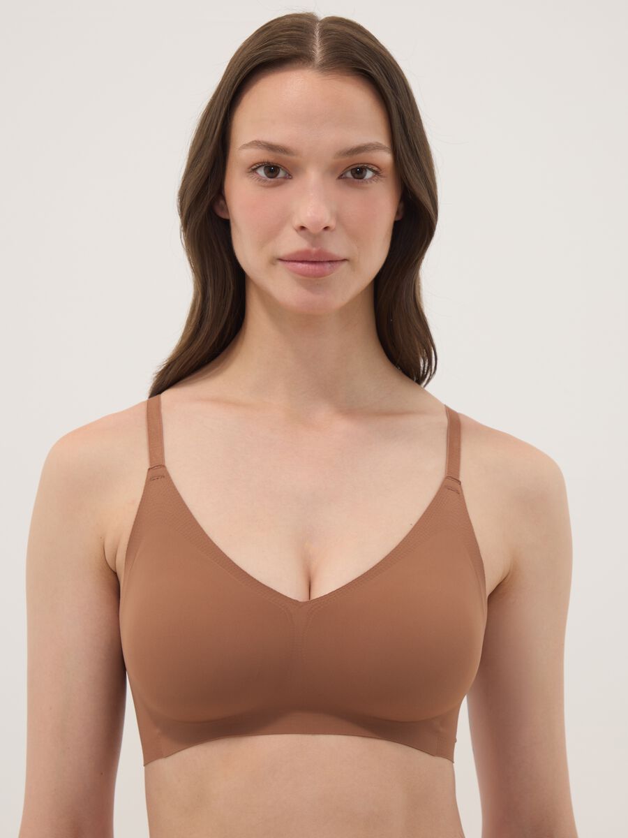Reggiseno marrone in tessuto elasticizzato con imbottitura removibile_0