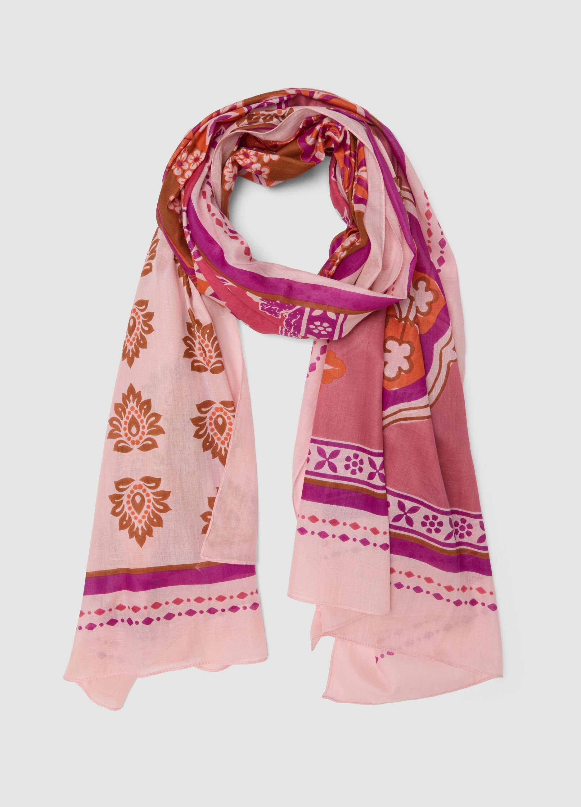 Pink pure cotton scarf with floral print