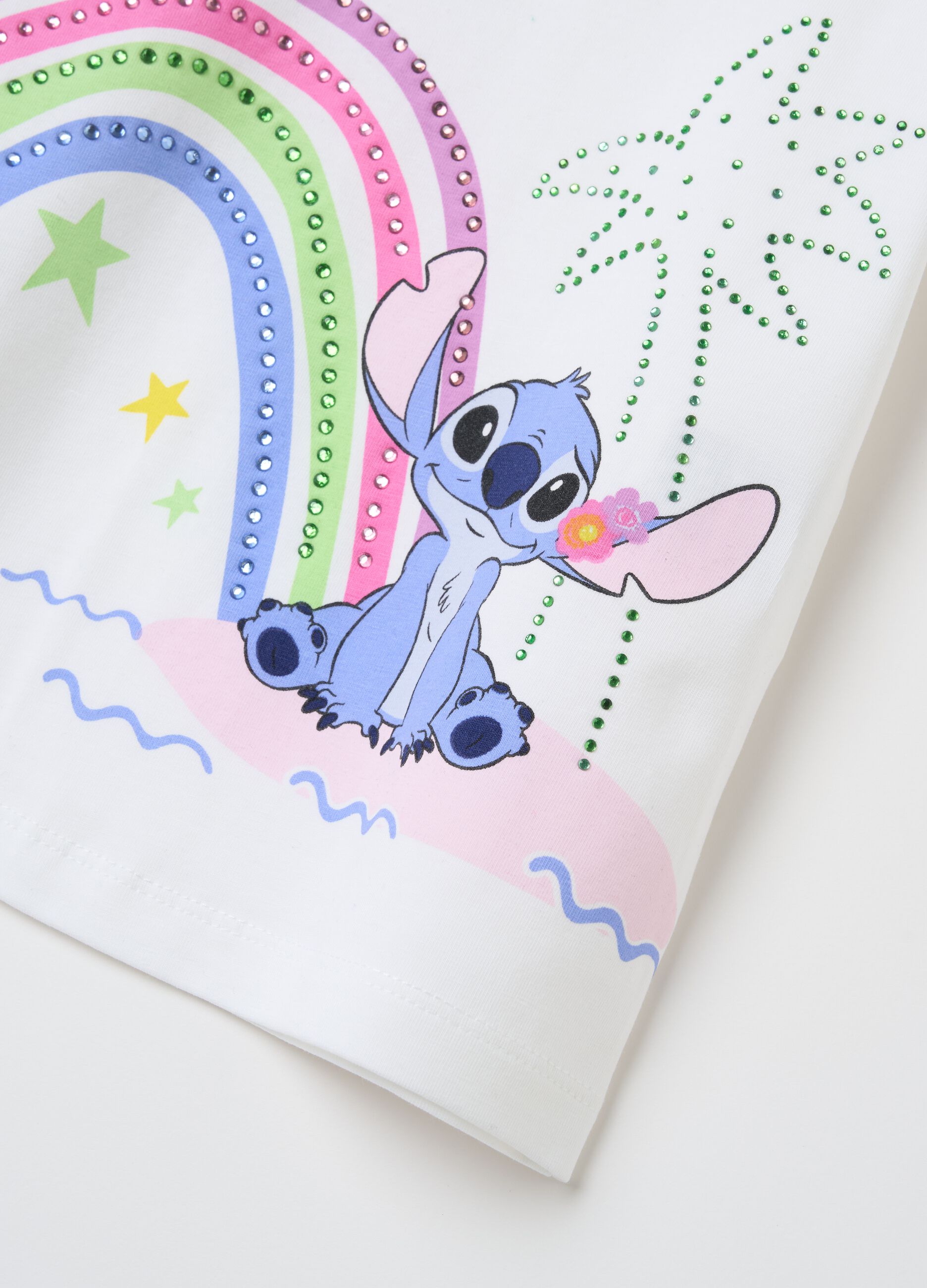 T-shirt in cotone stretch con stampa Stitch e strass 