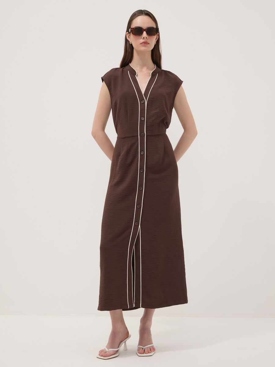 Long brown V-neck button-through dress, regular fit_0