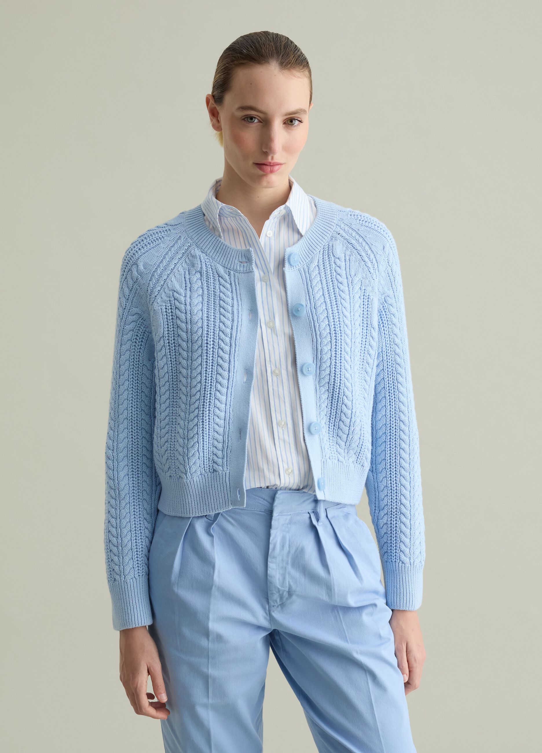 Cotton cardigan with cable-knit weave