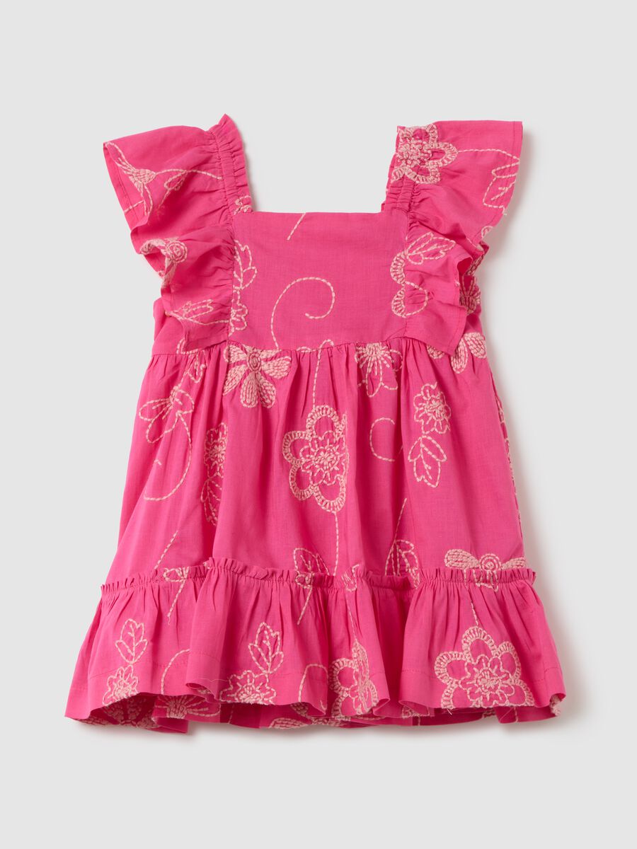 Pink pure cotton baby dress regular fit with frills and embroidery_0