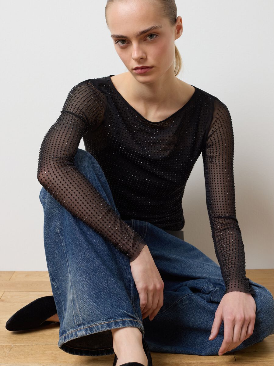 Black regular fit top with transparent sleeves_0