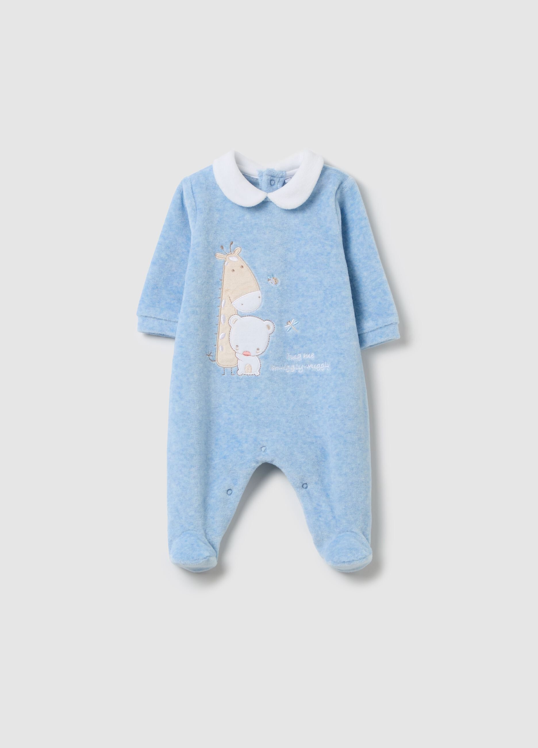 Velour onesie with feet and animals embroidery