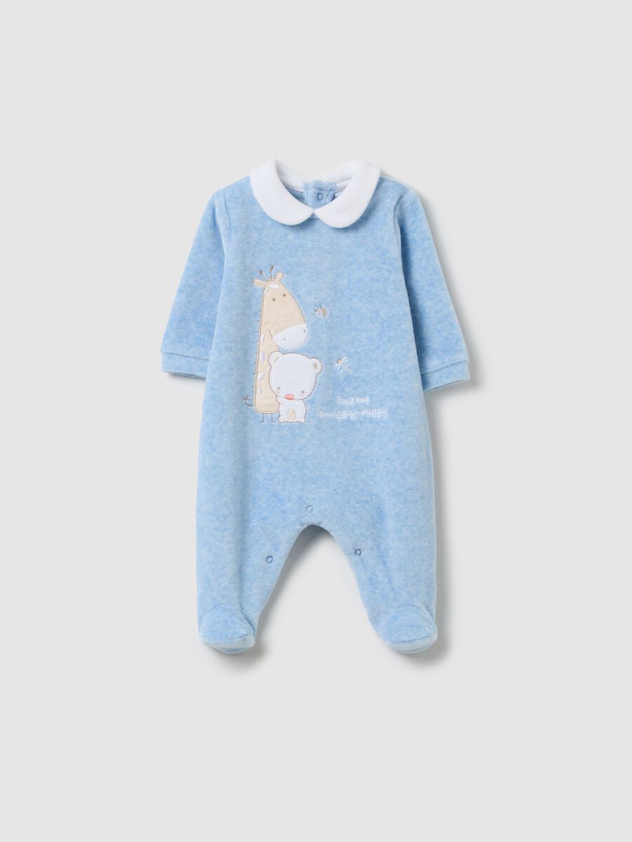 Velour onesie with feet and animals embroidery_0