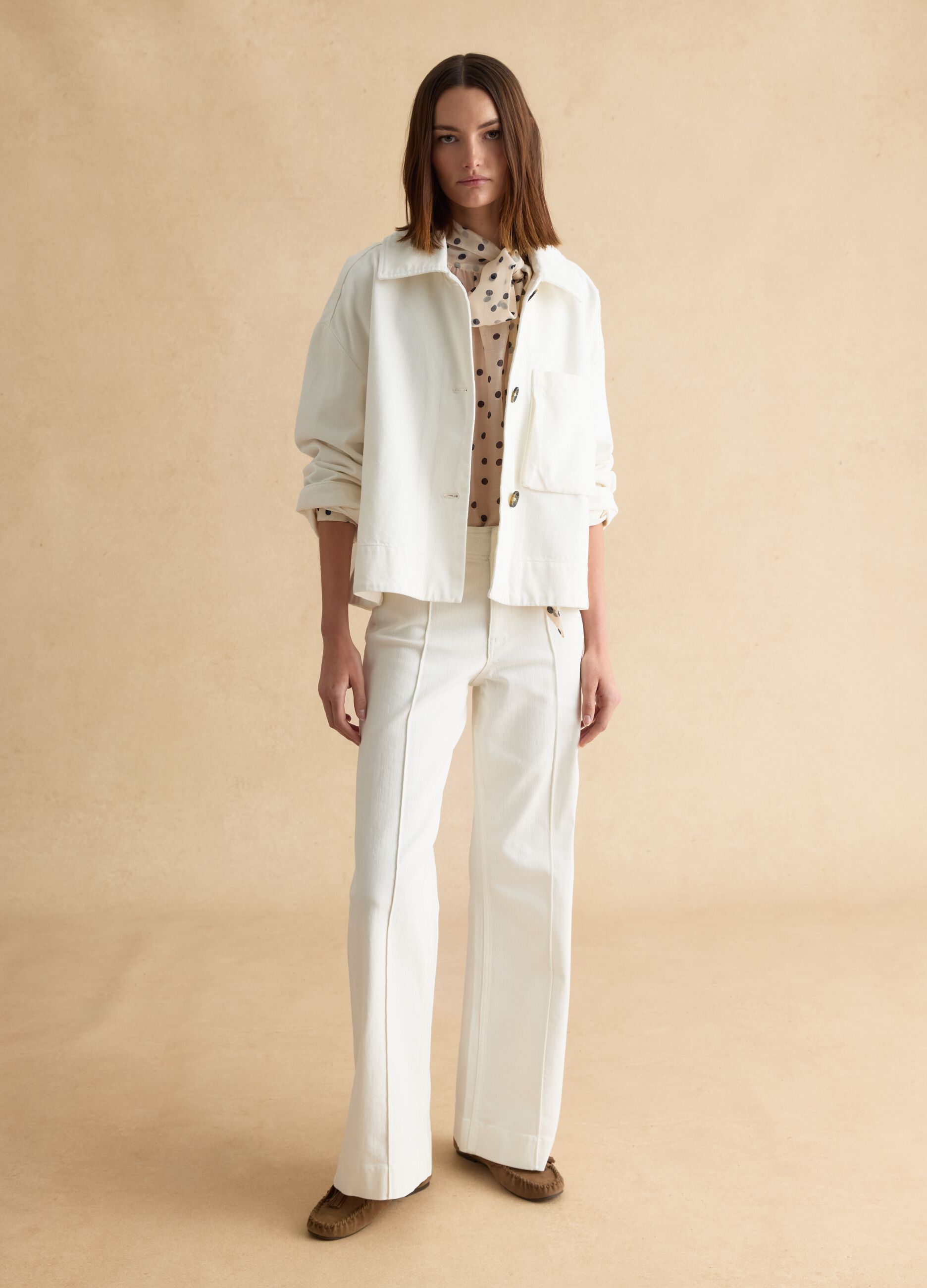 White wide leg stretch cotton trousers