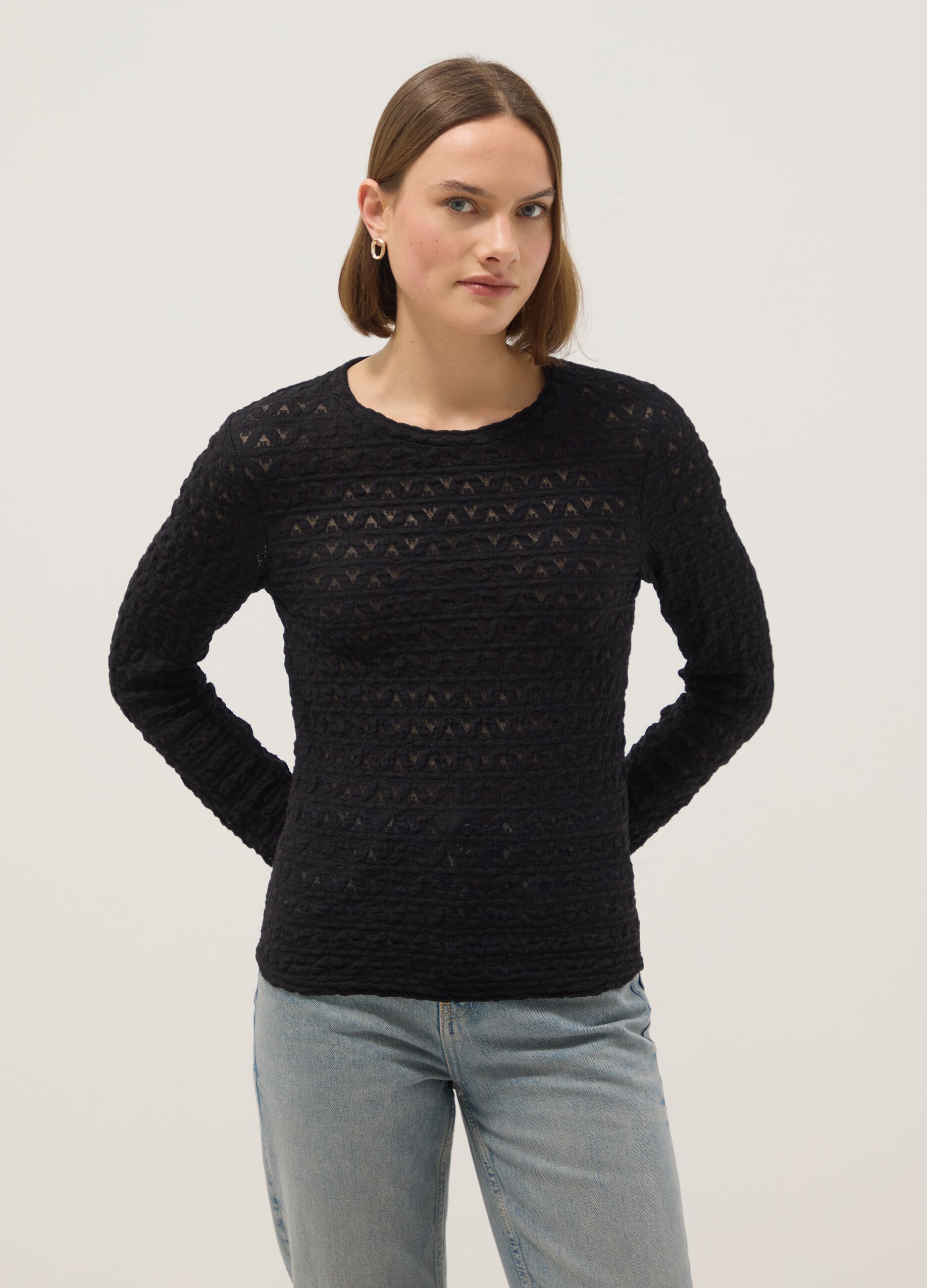 Black regular-fit cotton and viscose blend sweater with knitted texture