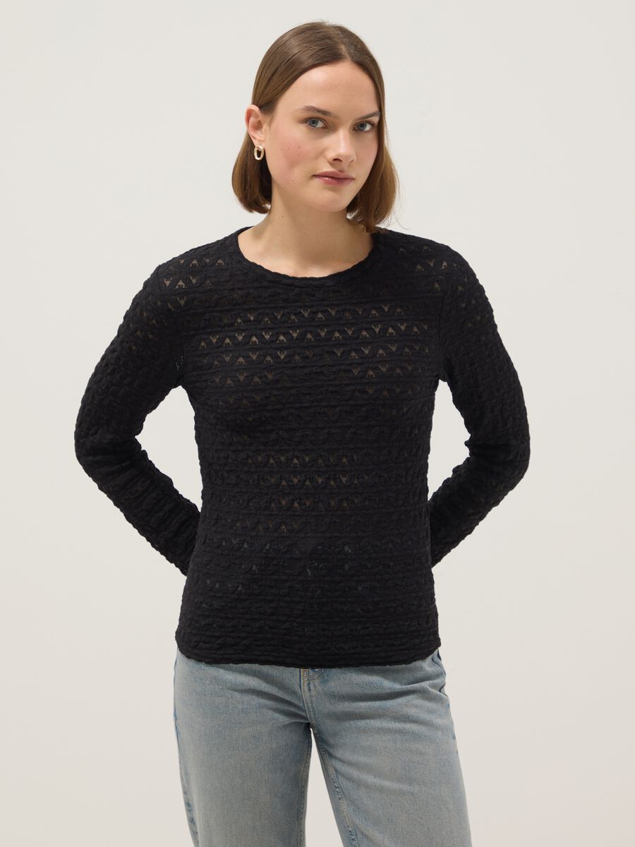 Maglia in misto cotone e viscosa nera regular fit con texture a maglia_0