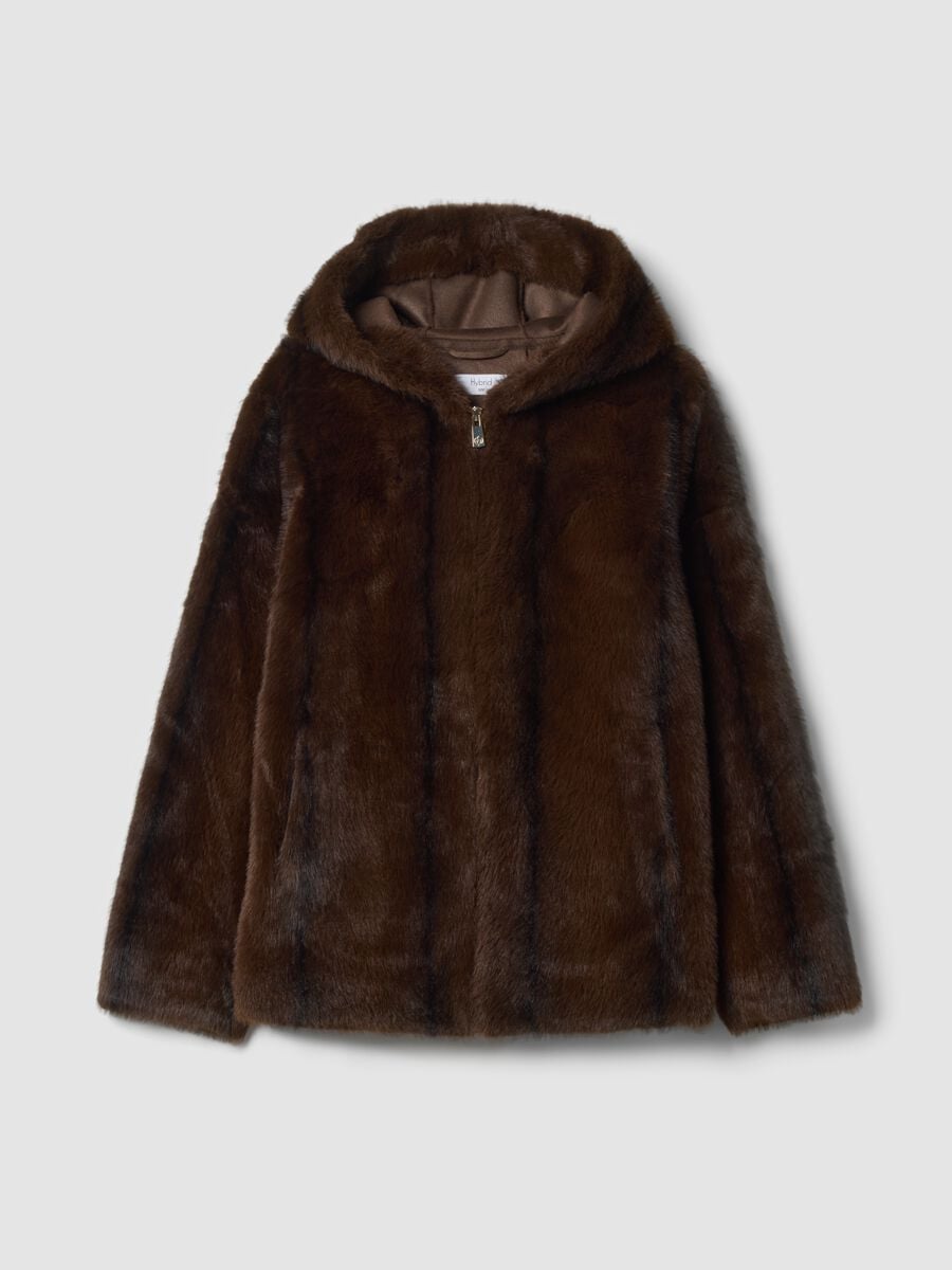 Cappotto marrone regular fit con cappuccio effetto teddy_0