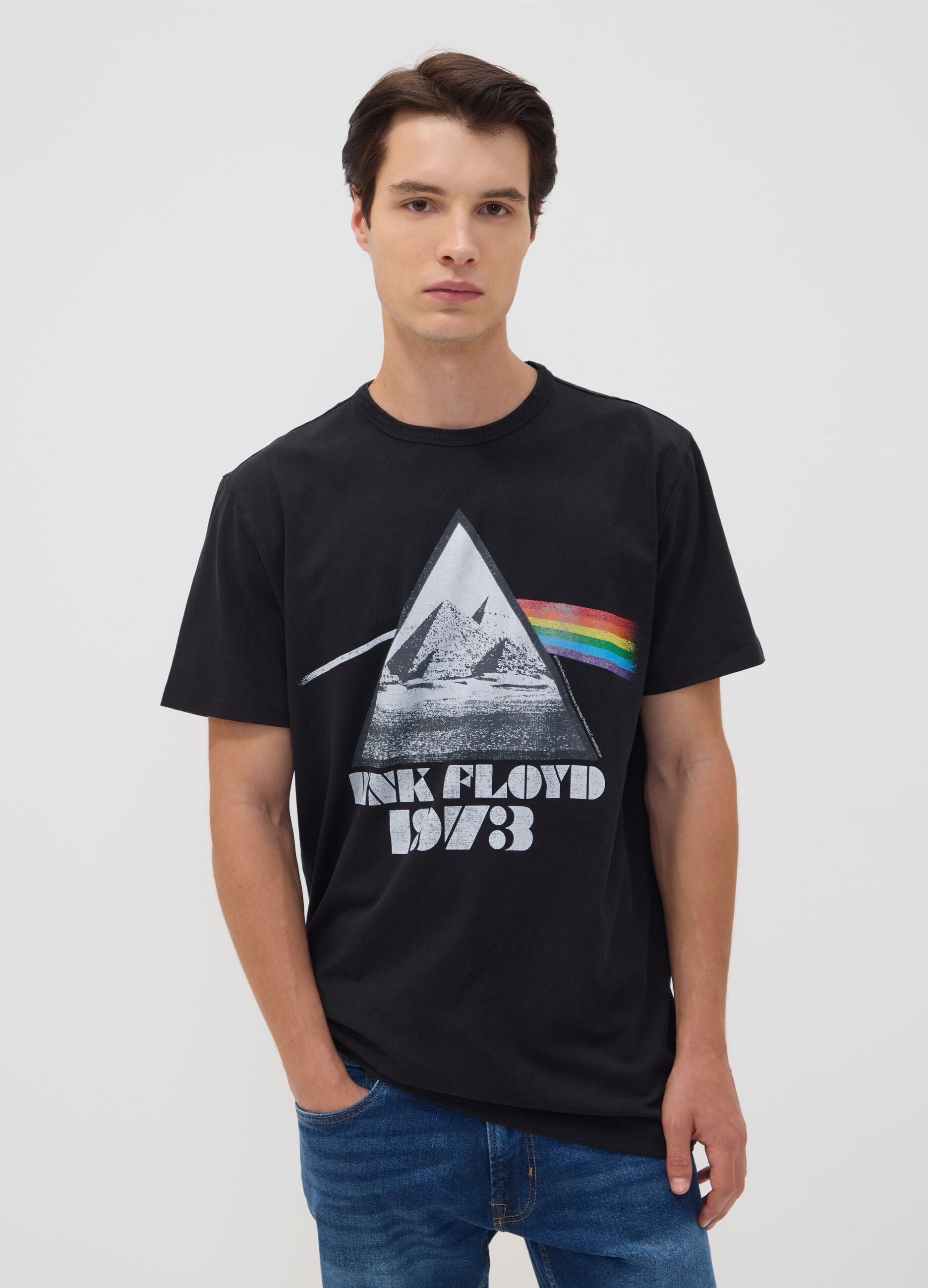 Black pure cotton T-shirt with Pink Floyd print