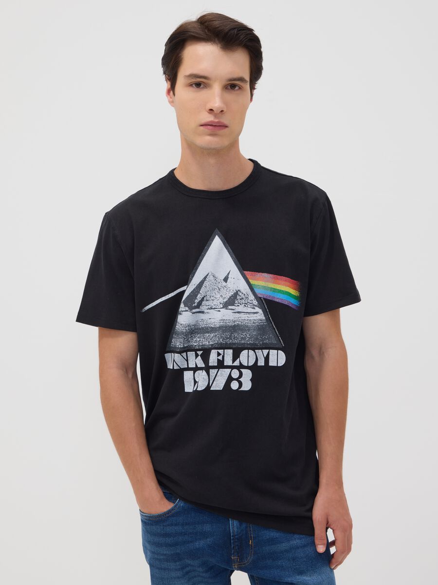 Black pure cotton T-shirt with Pink Floyd print_0