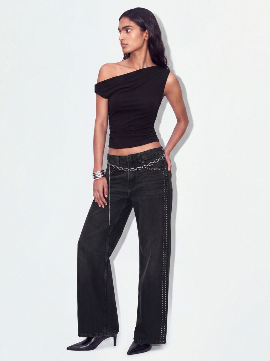 Top nero asimmetrico monospalla in viscosa elasticizzata slim fit_1