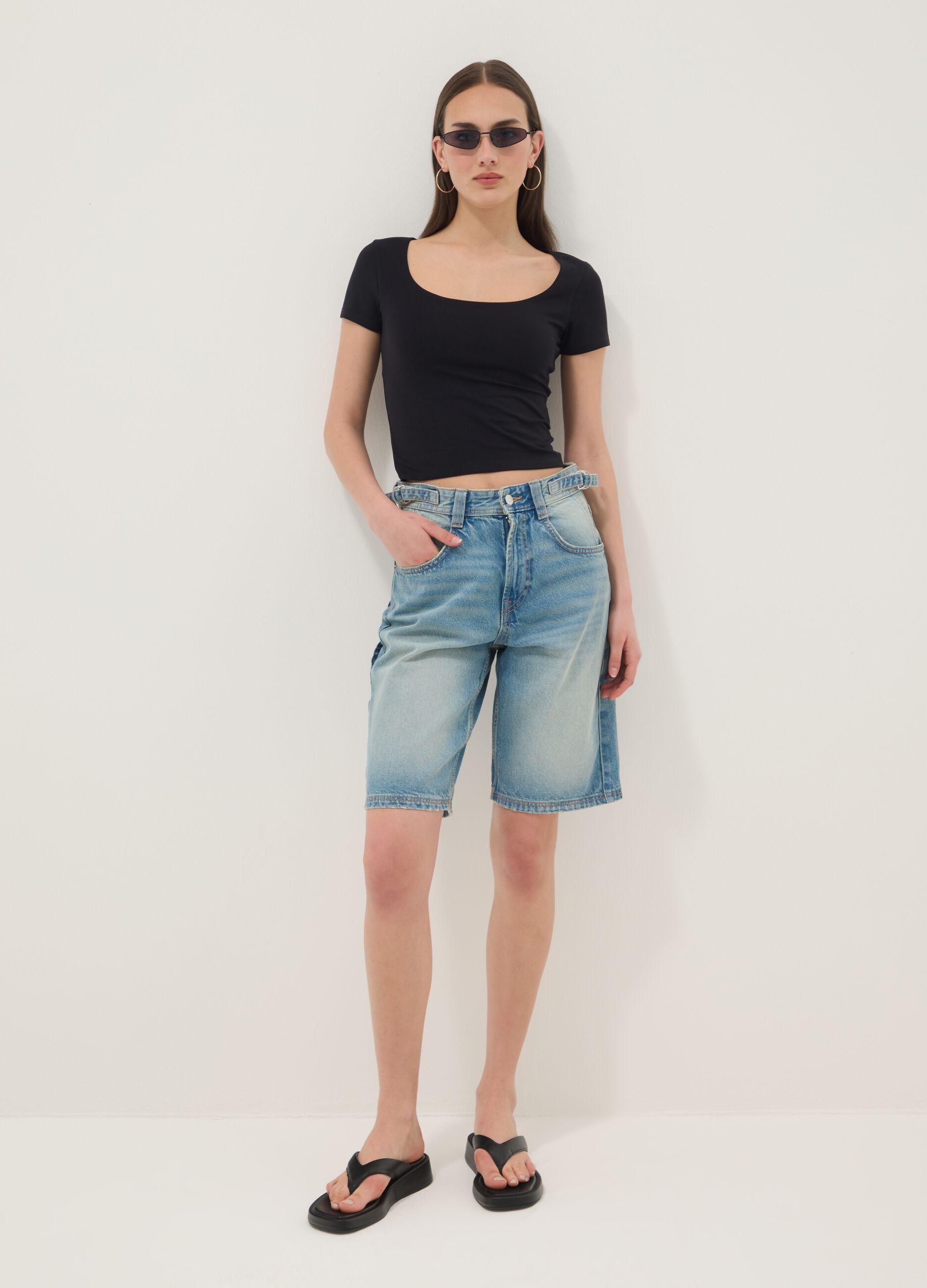 Black stretch cotton T-shirt with square neckline