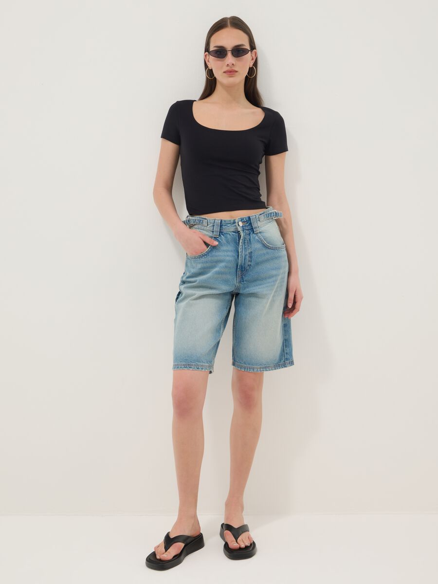 Black stretch cotton T-shirt with square neckline_2