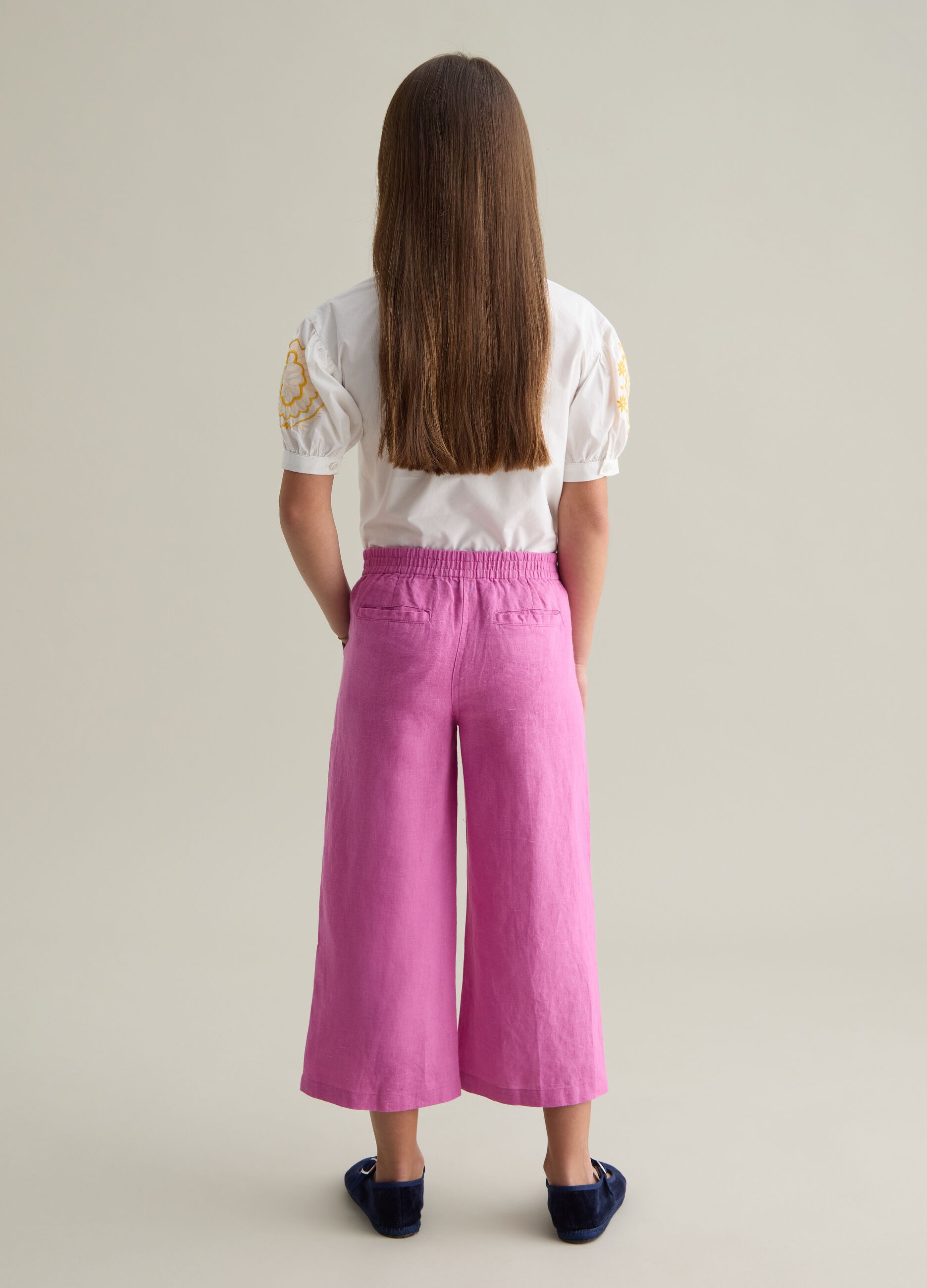 Girls' Pink Linen Wide Leg Trousers
