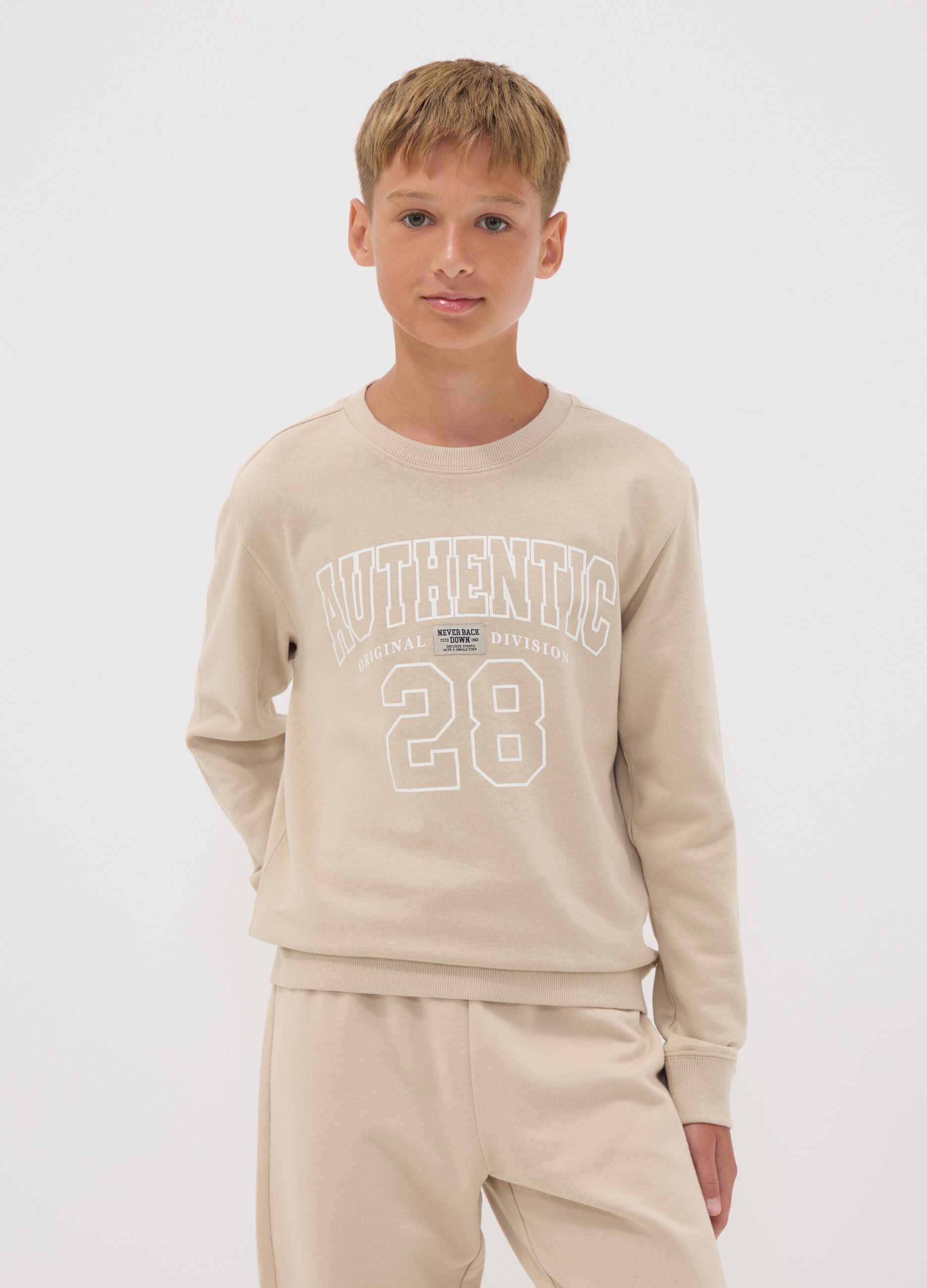 Beige pure organic cotton crew-neck sweatshirt with print for boys