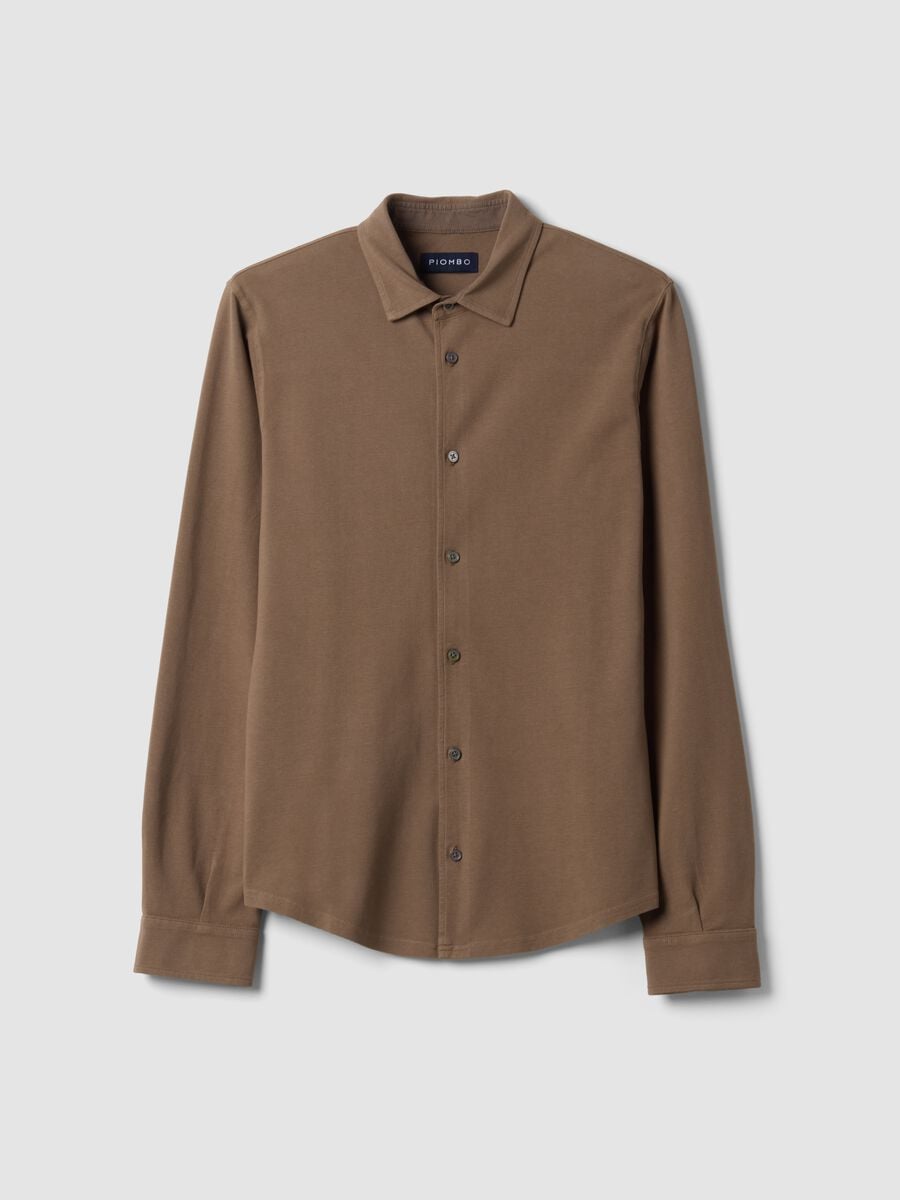 Polo piquet marrone in puro cotone a maniche lunghe regular fit_0