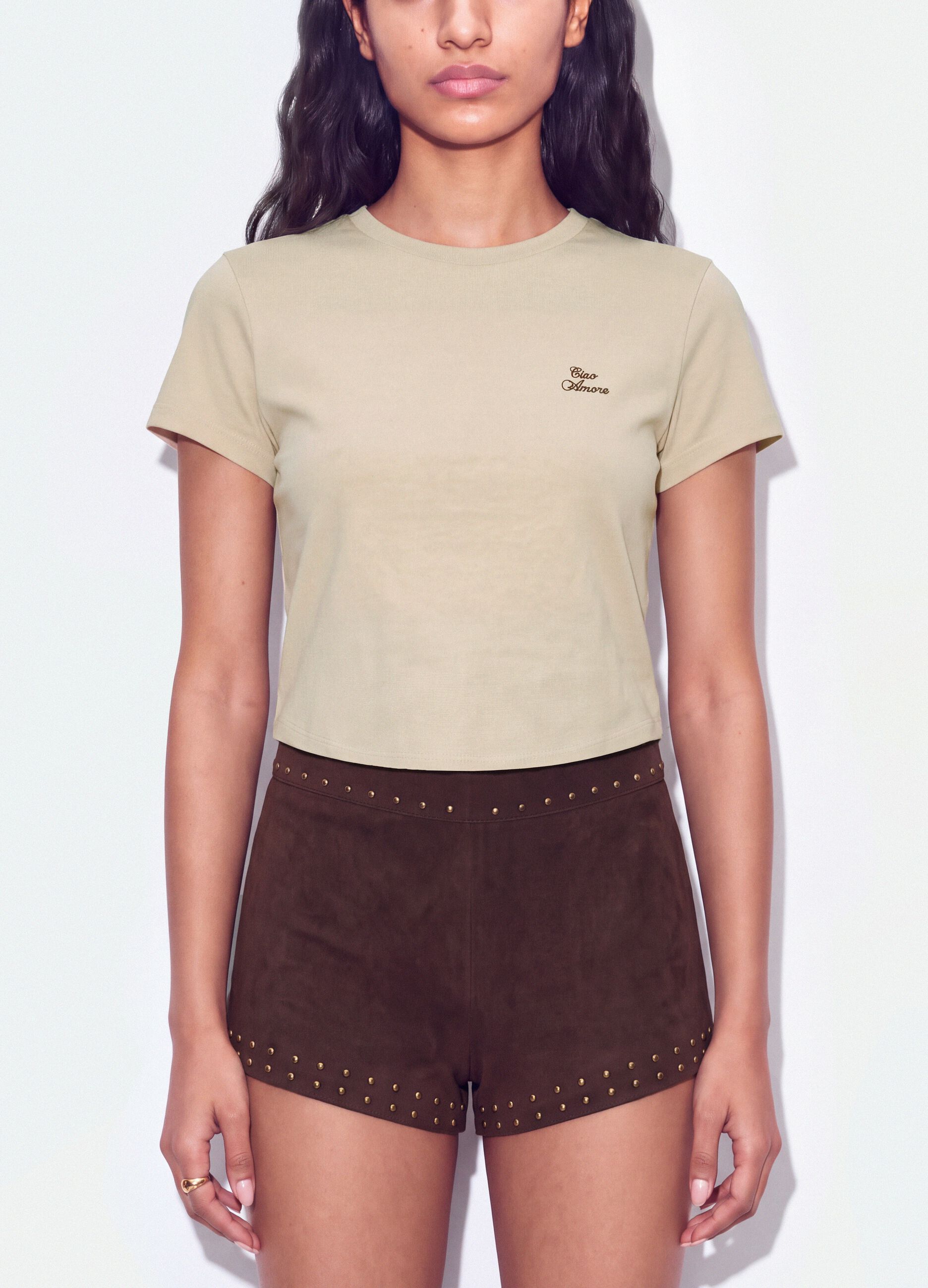 T-shirt crop beige in puro cotone a girocollo con stampa