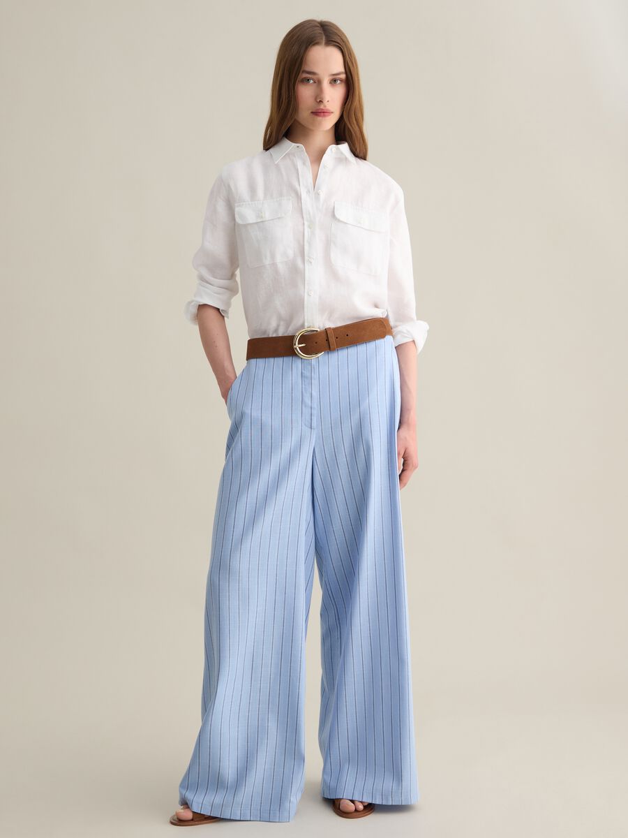 Women's wide-fit multicoloured cotton and viscose trousers with broad stripes_0