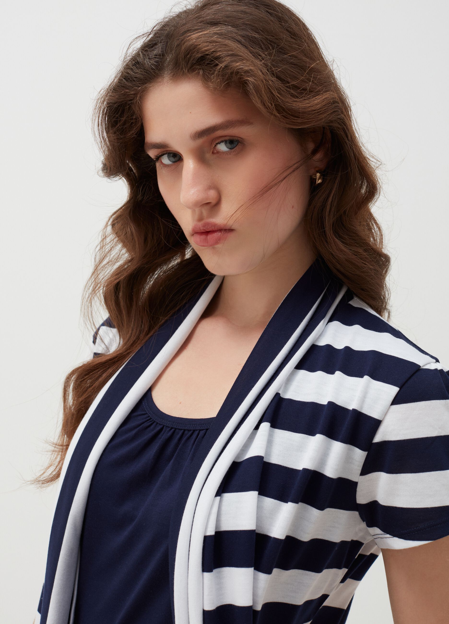 Striped open cardigan-style T-shirt
