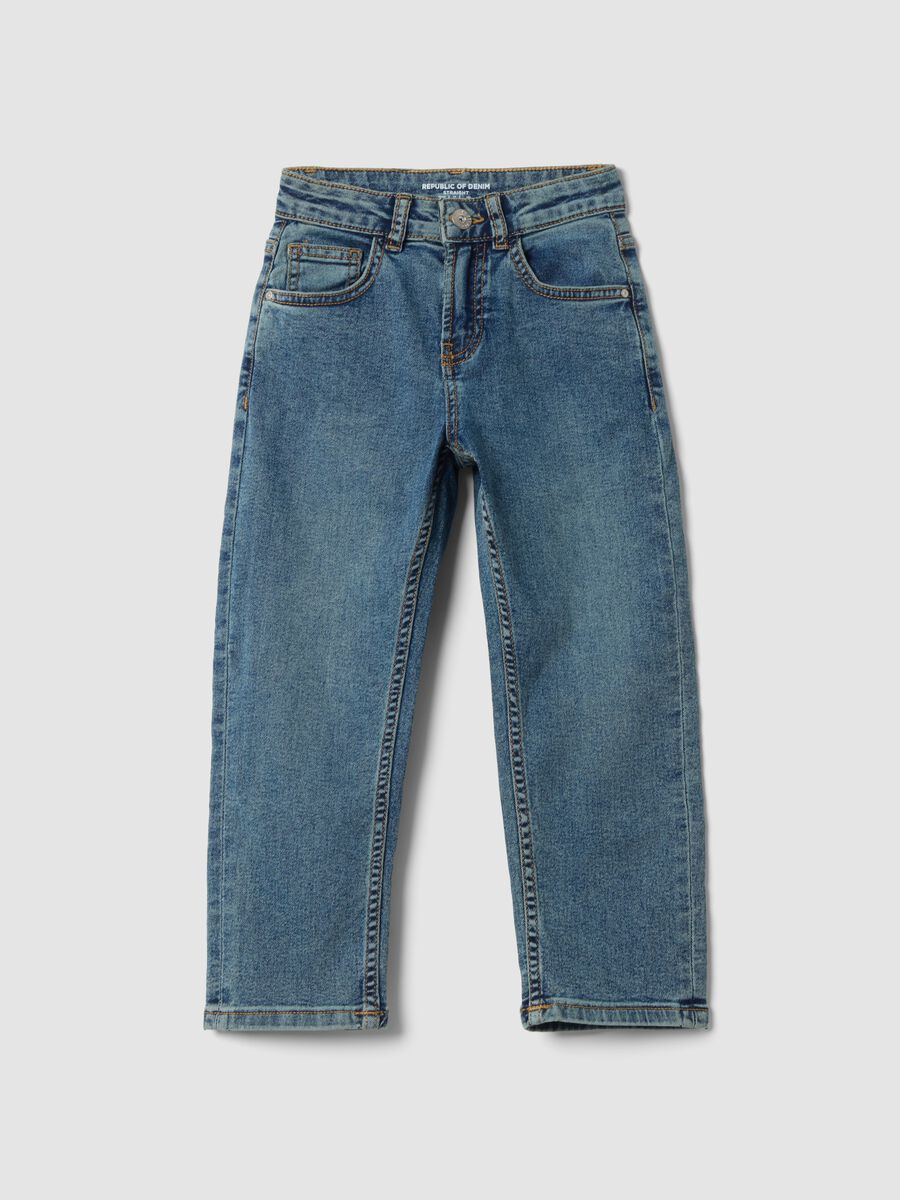 Jeans blu chiaro in cotone elasticizzato straight fit_0