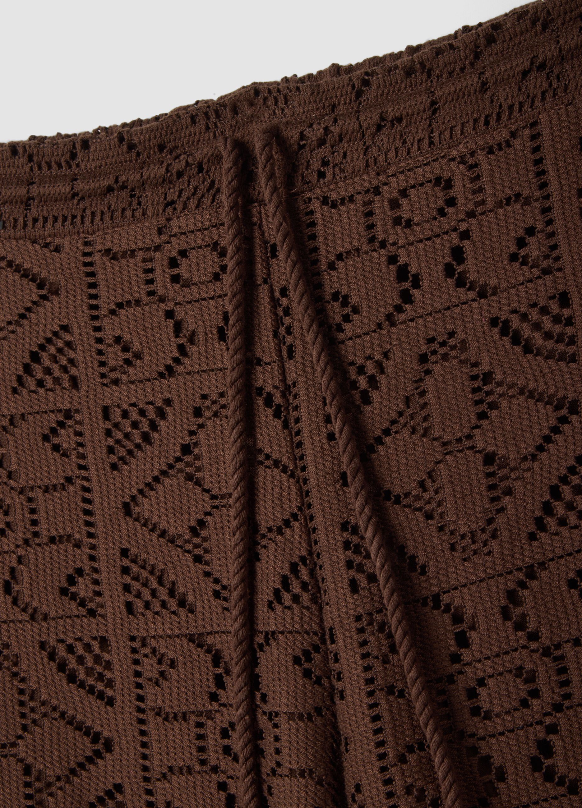 Brown openwork wide-leg trousers with elasticated waistband