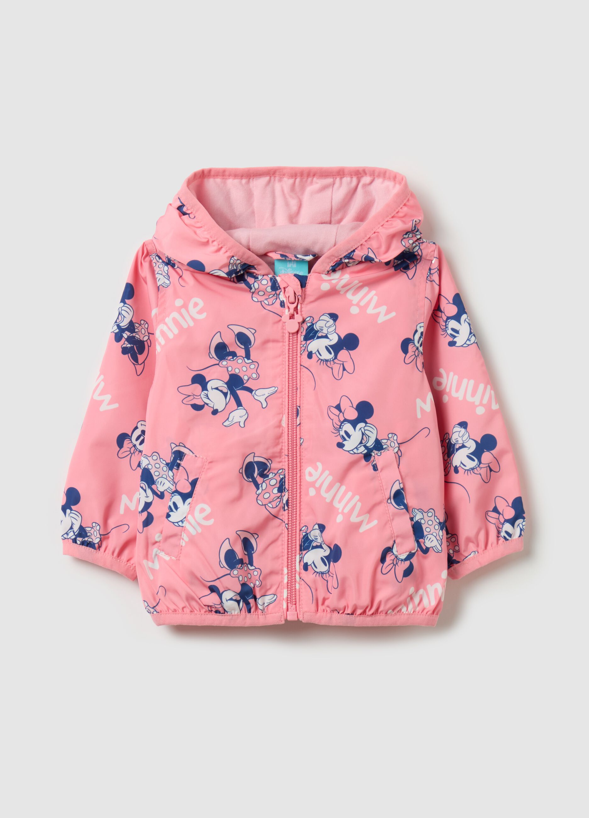 Waterproof jacket with hood and Minnie Mouse print