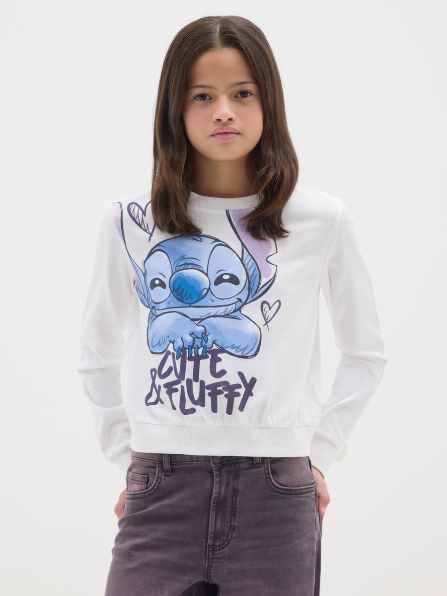 Maglia da ragazza in puro cotone bianca regular fit con stampa Stitch_0