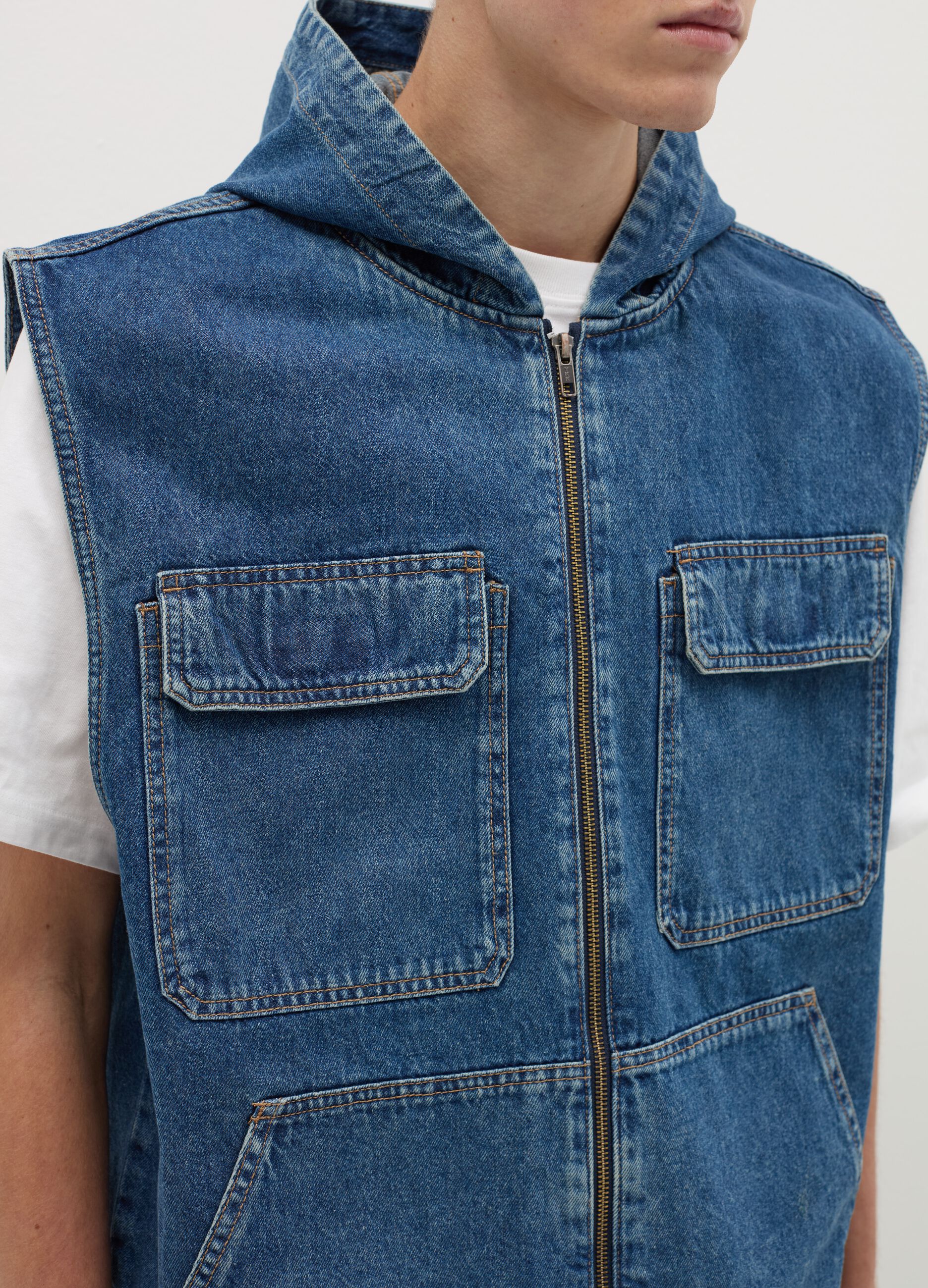 Full-zip gilet in denim with hood
