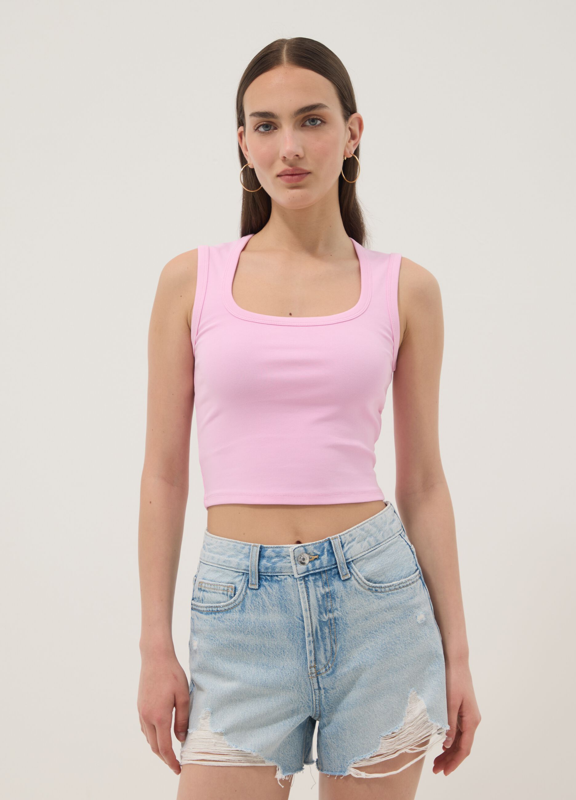 Pink cropped stretch-cotton tank top