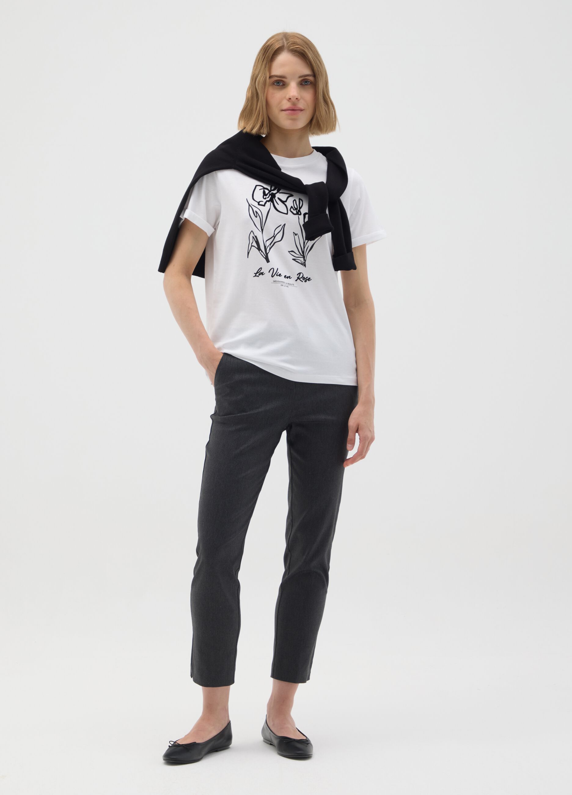 White pure cotton regular fit t-shirt with floral print