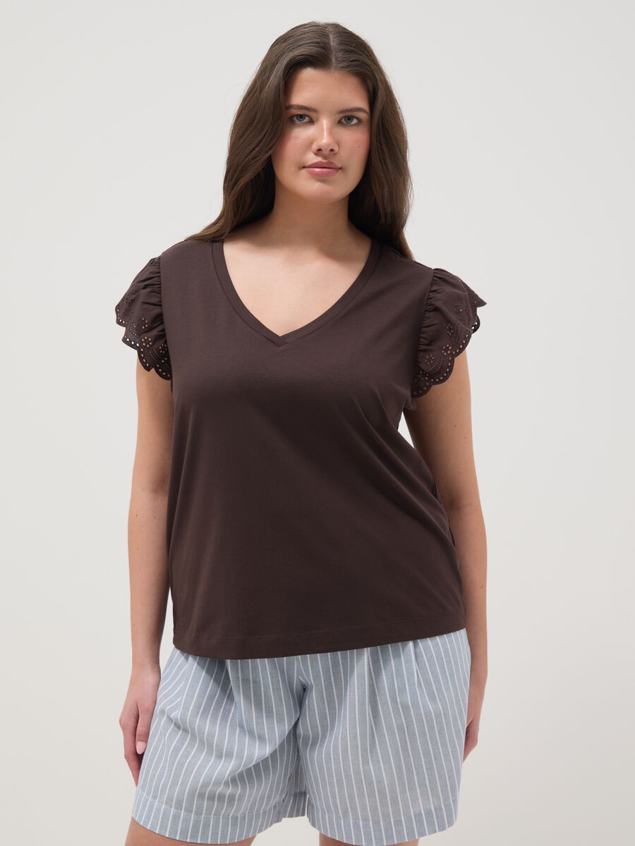 Brown stretch cotton T-shirt with ruffle sleeves, regular fit_1